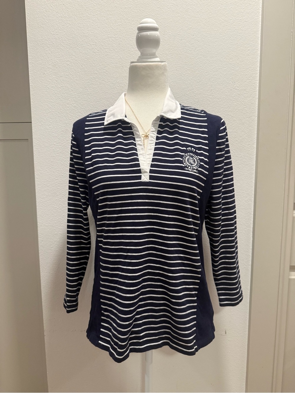 Lauren Ralph Lauren L-RL Navy Striped Polo Top Large Preppy